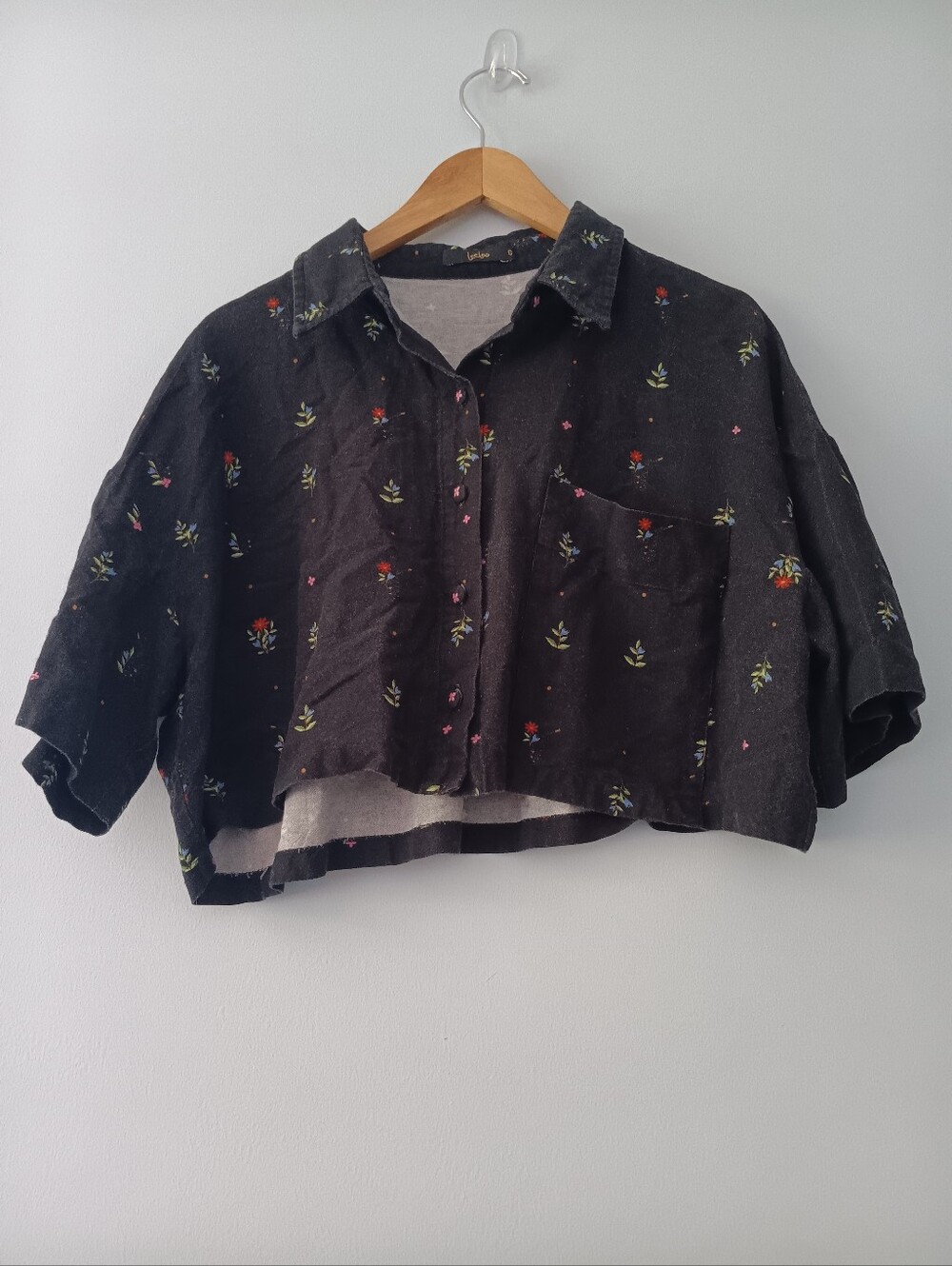 Leeloo Black Floral Button Crop Top 6 Cottagecore Feminine Short Sleeve